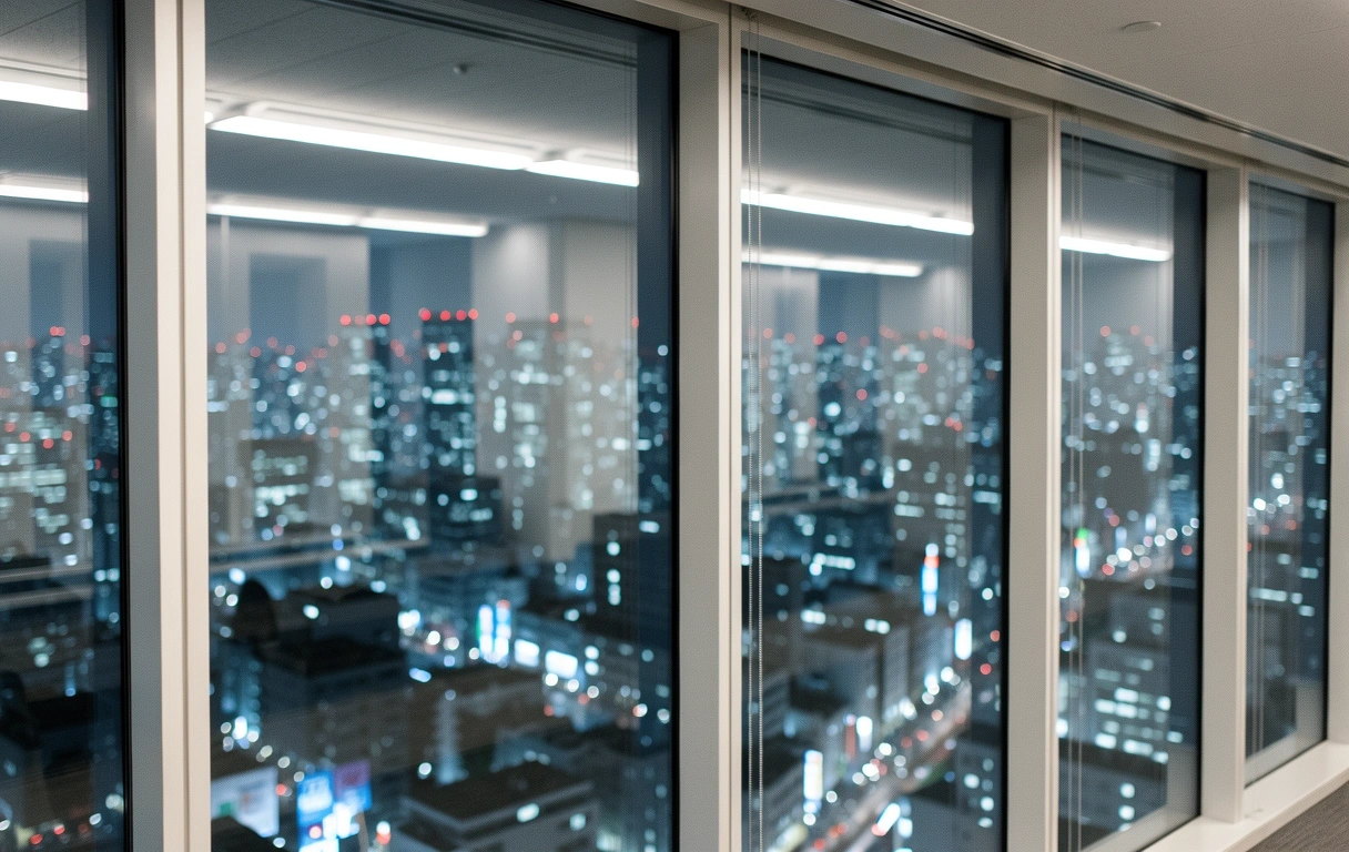 Tokyo night skyline through office window